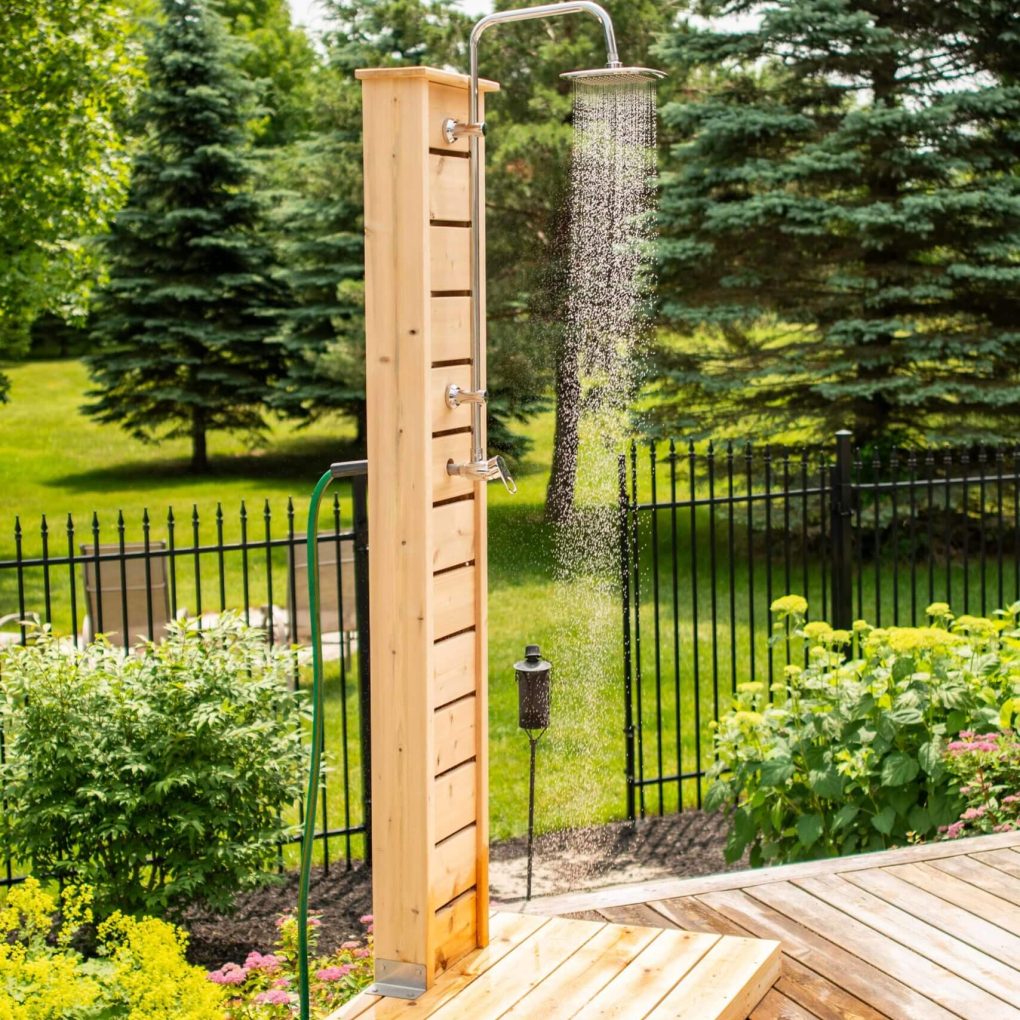 Sierra Pillar outdoor shower in a contemporary backyard