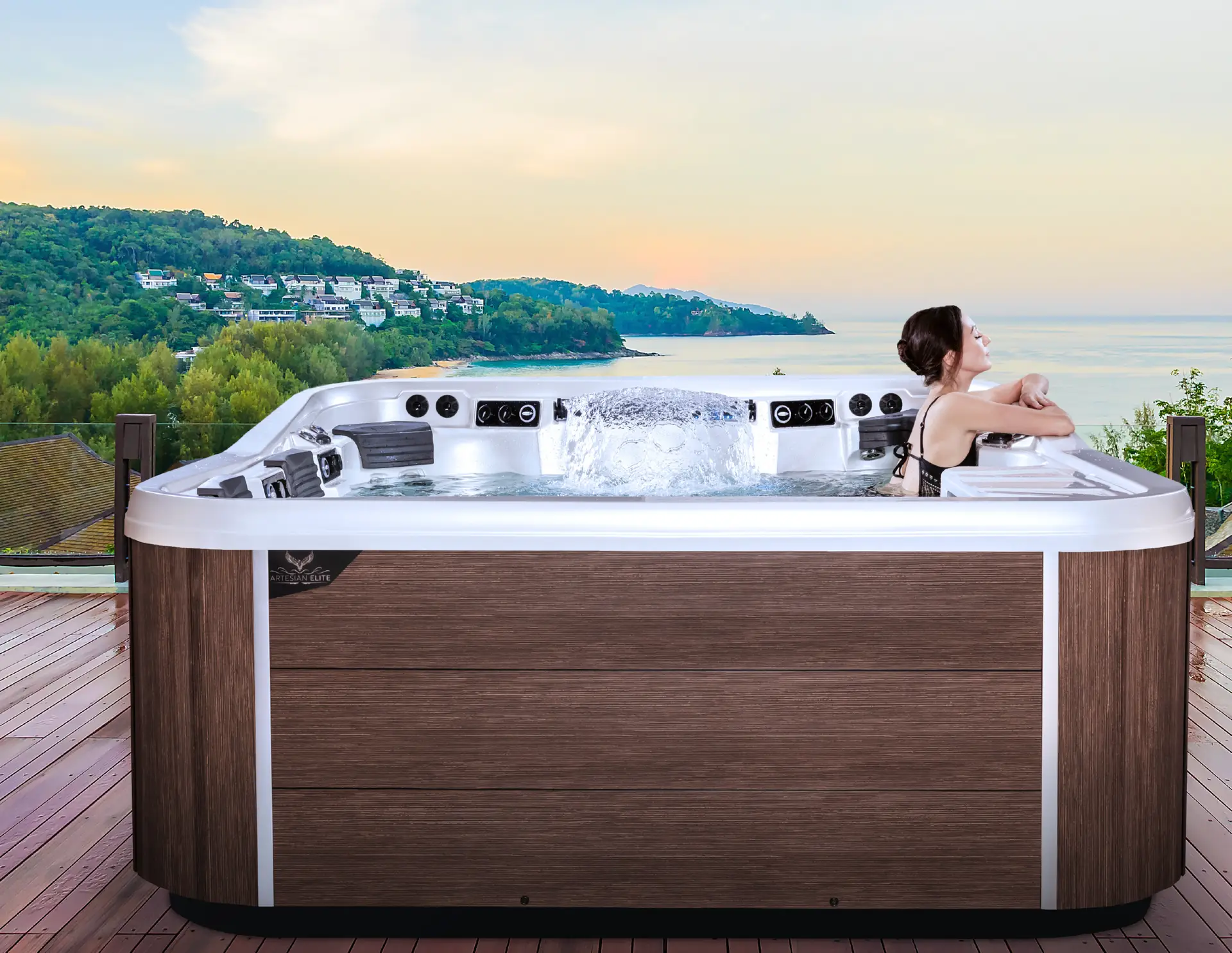 Luxury Artesian Elite hot tub available through Sauna and Steam Center