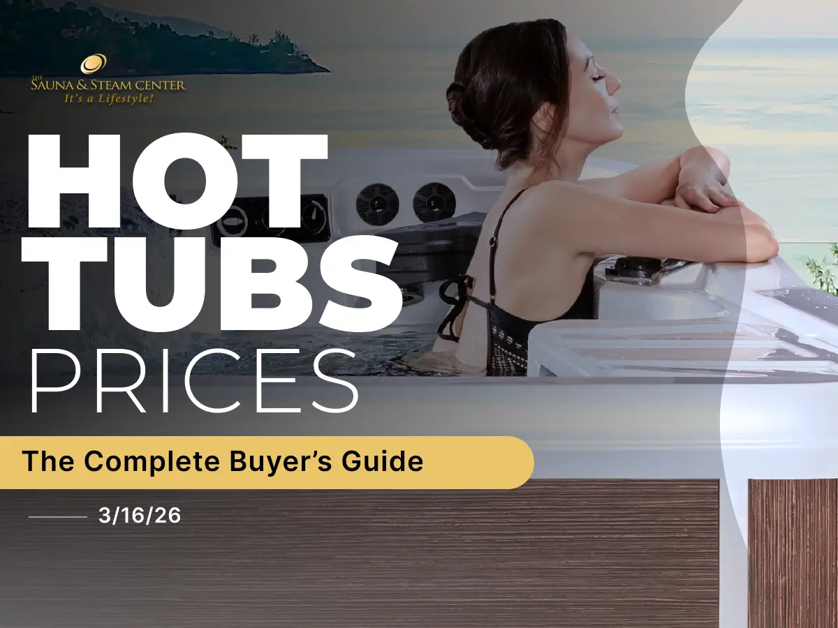 "Hot tub prices vary by size and model — a mid-range backyard hot tub with LED lighting installed on a concrete pad."