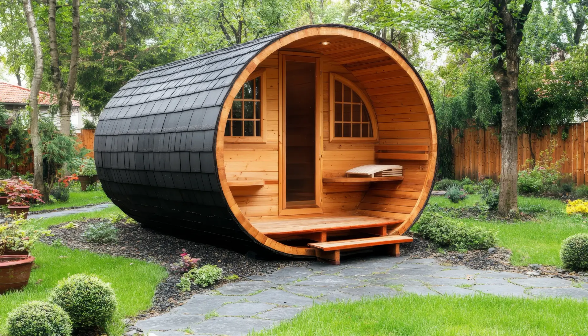Cedar barrel outdoor sauna in a landscaped Fort Lauderdale backyard