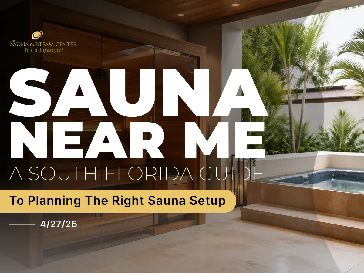 Modern cedar sauna with glass doors beside a cold plunge in a tropical South Florida home wellness space.