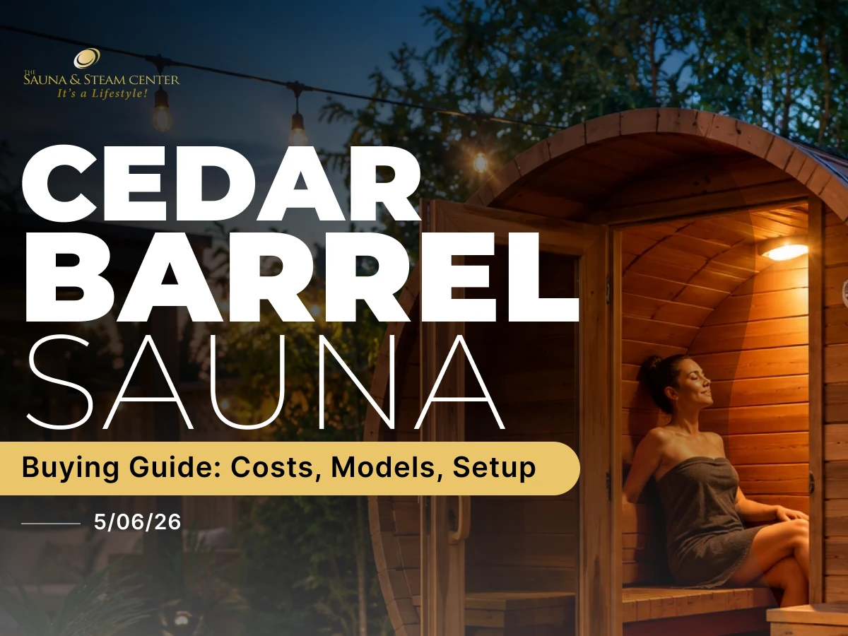 Backyard cedar barrel sauna image featuring a relaxing outdoor wellness setting with warm wood tones, soft lighting, greenery, and a peaceful home spa atmosphere.
