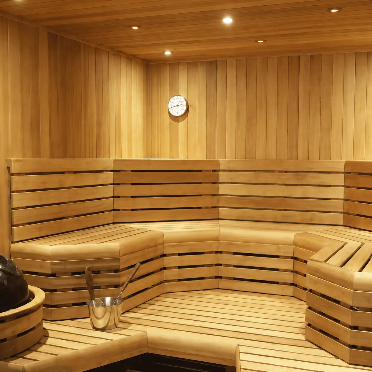 Custom commercial sauna room with professional bench and wood design
