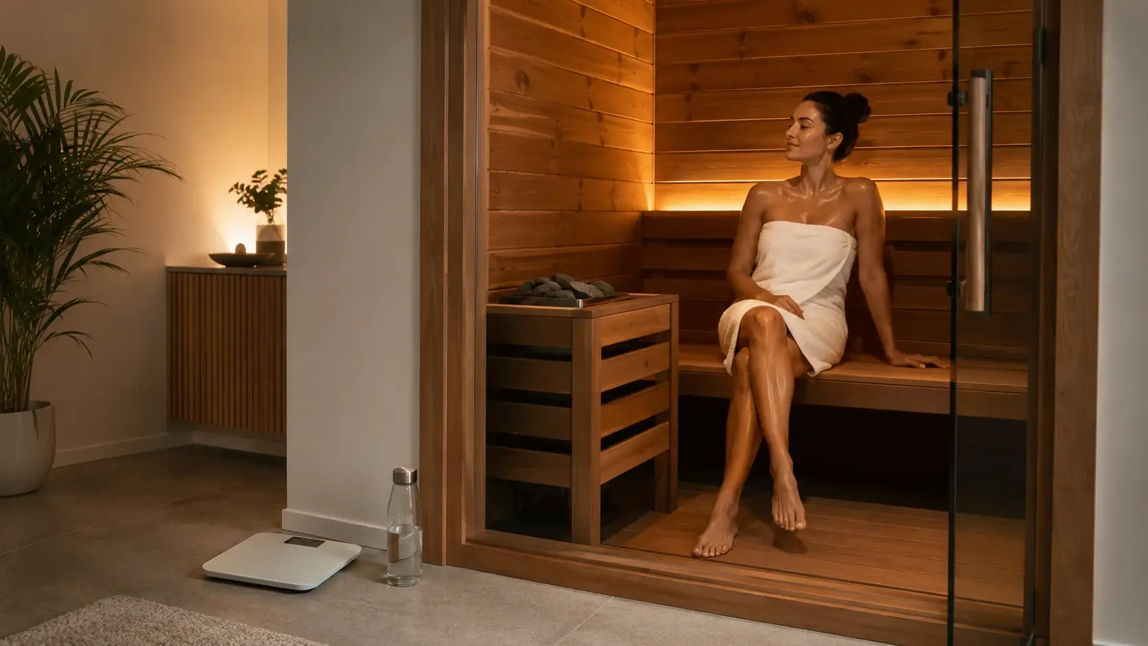 Woman relaxing beside water in a home sauna, illustrating the need to rehydrate after temporary sauna water loss