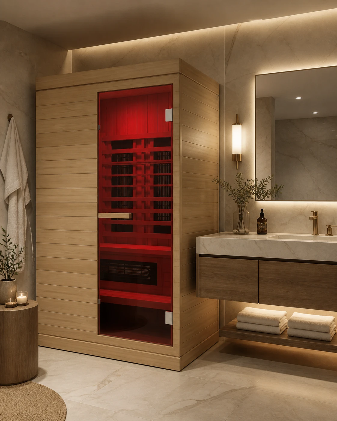 Discover a modern bathroom featuring a sleek infrared sauna setup, warm ambient lighting, elegant finishes, and a relaxing spa-inspired design.