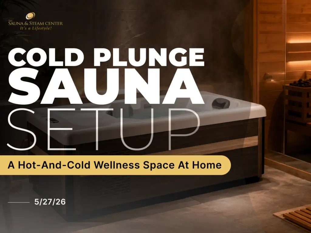 A premium cold plunge and sauna setup featuring a modern plunge tub, warm wood sauna, soft steam, spa lighting, stone finishes, plants, and folded towels.