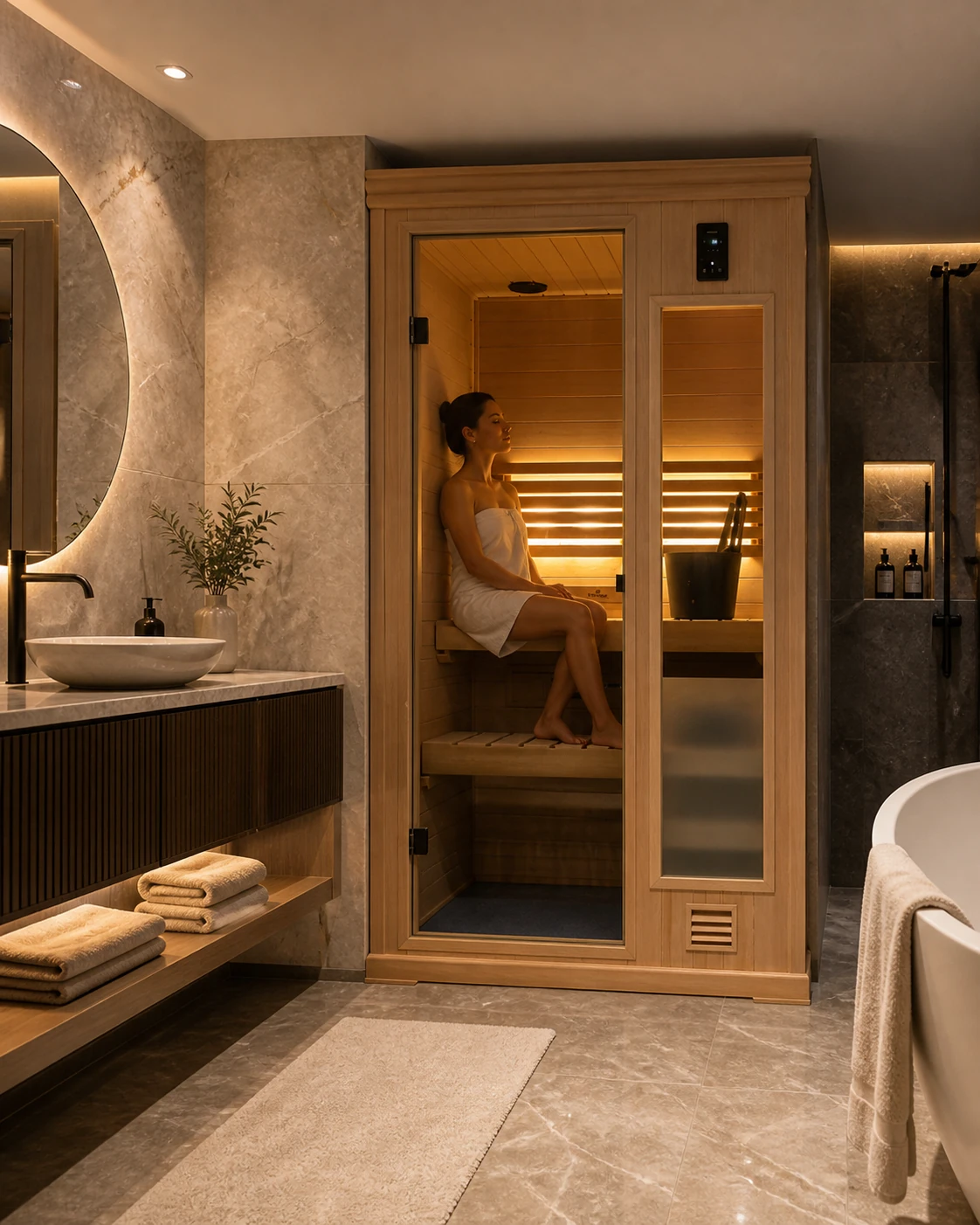 Explore a premium sauna installed in a modern spa-style bathroom, featuring warm lighting, elegant finishes, and a person enjoying a relaxing private session.