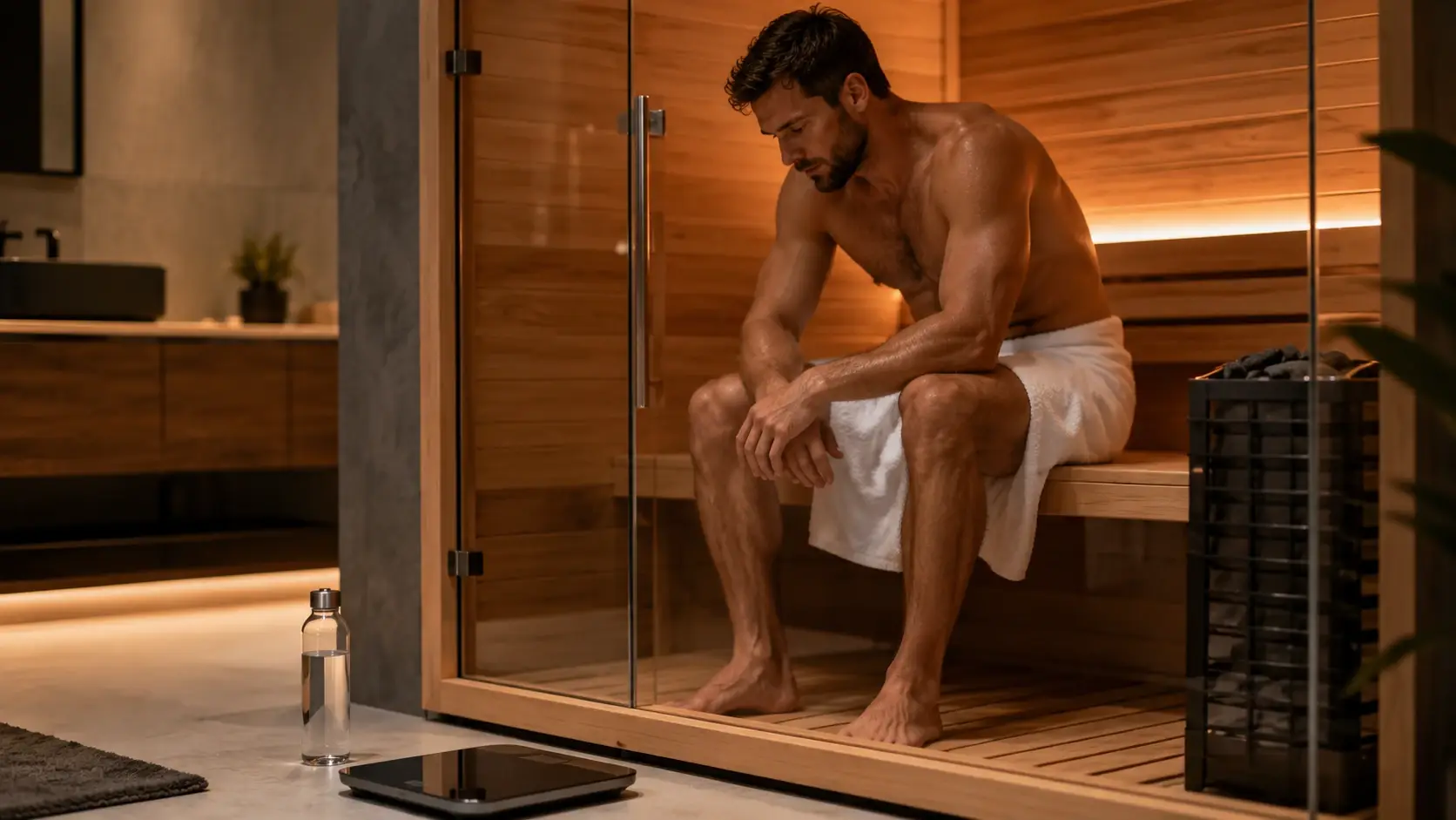 Man relaxing in a home sauna as part of a recovery and wellness routine rather than a rapid weight-loss method