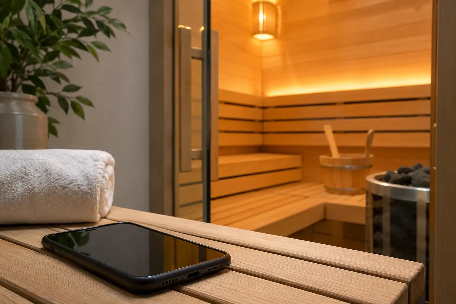 A modern phone rests outside a warmly lit home sauna, showing a safer way to enjoy sauna sessions without exposing electronics to heat and humidity.