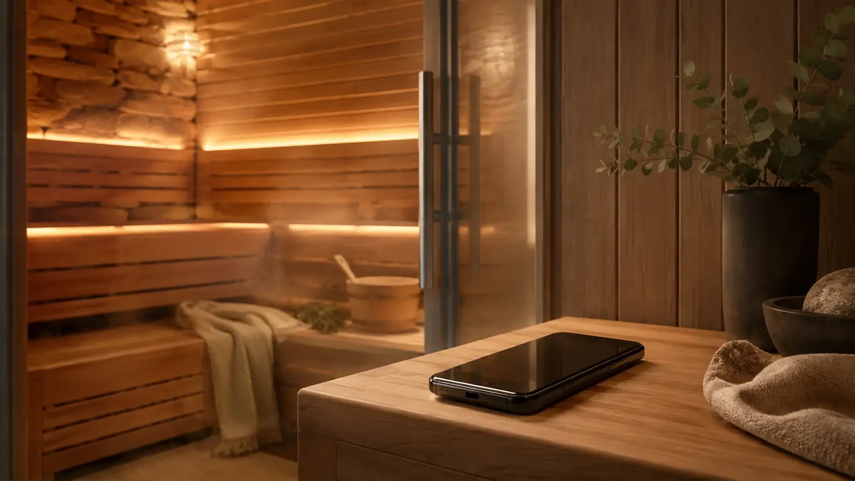 A modern phone rests safely outside a warm home sauna, showing why electronics should stay away from sauna heat, steam, and humidity.