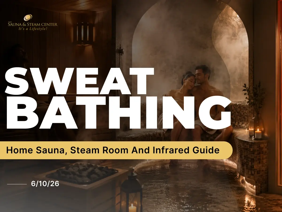 Luxury home sweat bathing retreat with a traditional sauna, steam room, and infrared sauna showing people relaxing in warm light, mist, and spa-like wellness spaces.