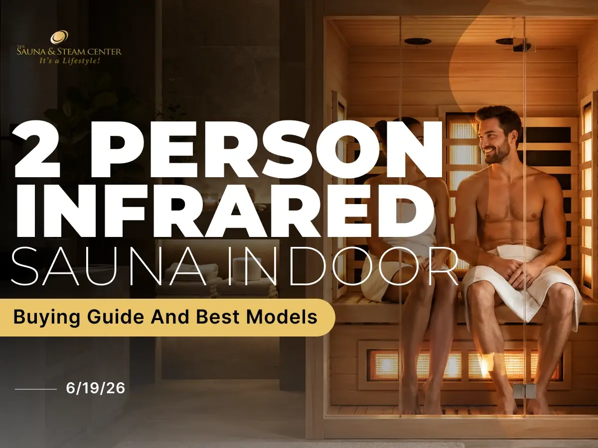 A relaxed couple enjoys a warm 2 person infrared sauna indoor setup in a luxurious home spa, highlighting comfort, connection, and everyday wellness.