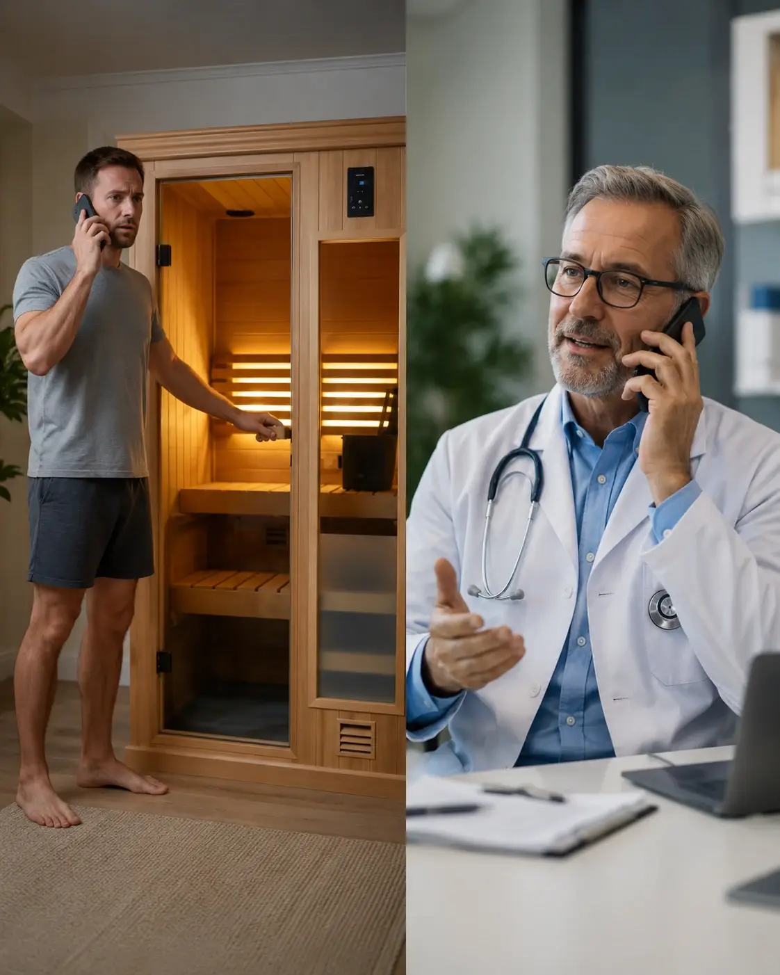 A homeowner calls a doctor before entering a home sauna, highlighting the importance of medical guidance and safe sauna use.