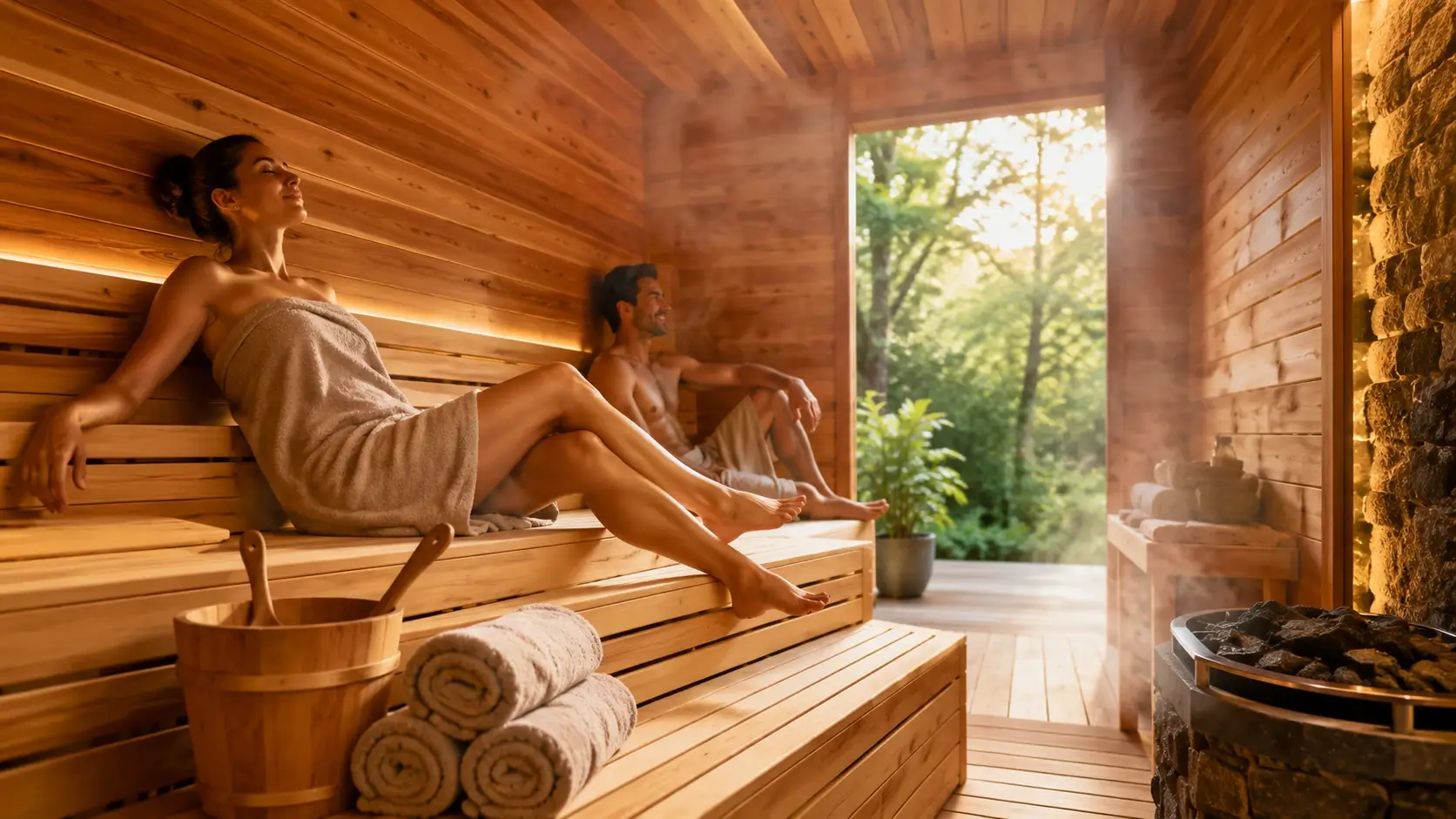 Discover the warmth and comfort of a cedar wood sauna with this relaxing home wellness image, showing natural wood beauty, peaceful heat, and a spa-like sauna experience.