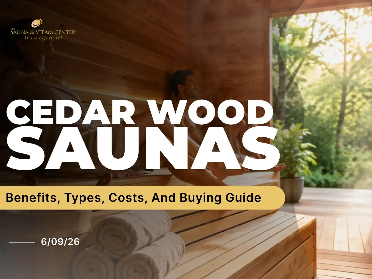 Relaxing cedar wood sauna interior with warm natural wood, soft steam, sauna stones, towels, and a peaceful home wellness setting.