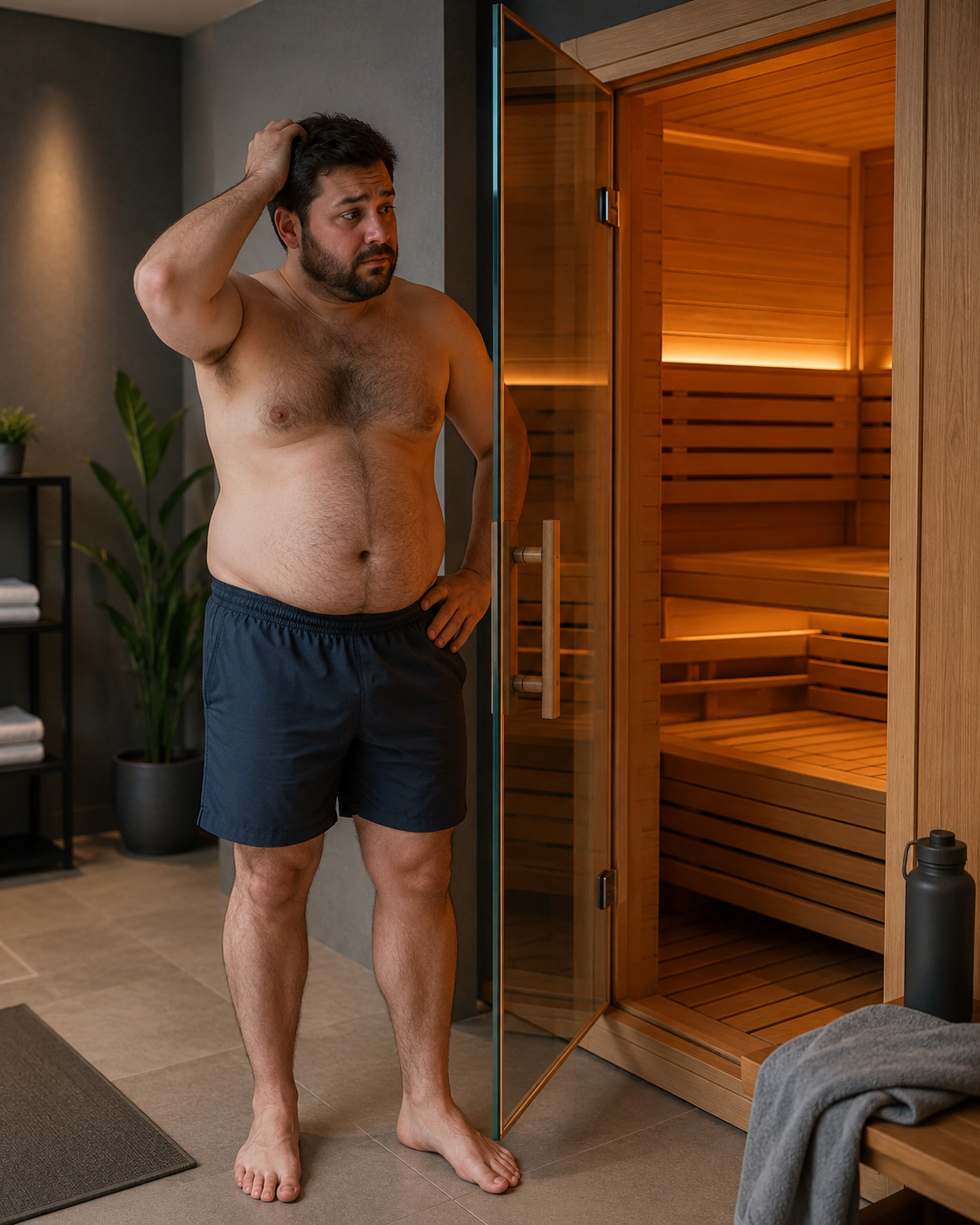A man hesitates at the sauna entrance, wondering whether a sauna session will burn enough calories to support his wellness goals.