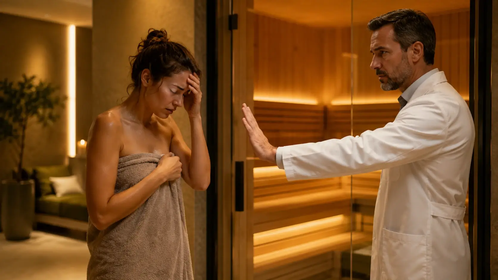 A doctor stops a woman from entering a sauna while she feels unwell, illustrating the risks of sauna use during a hangover.