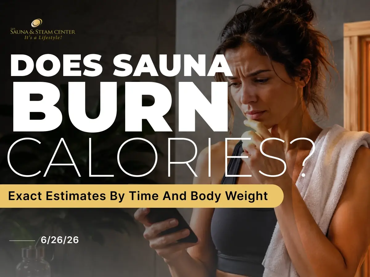 A woman checks her phone before entering a home sauna, wondering how many calories a sauna session can burn.