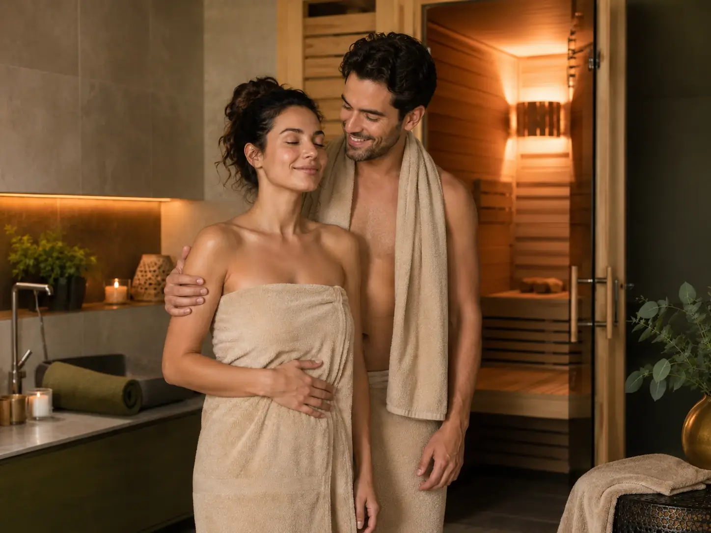 Does sauna help with bloating? This relaxing spa image shows a couple after a sauna session, capturing comfort, gentle tummy relief, and wellness support.