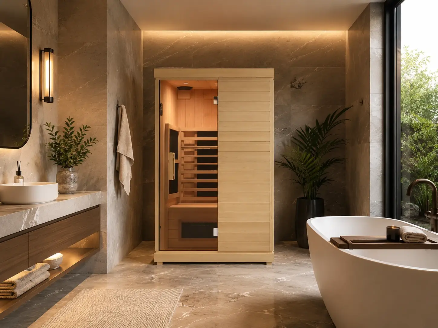 FINSAUNA Radia IR 200 2 person infrared sauna indoor with six infrared panels, ultra-low-EMF design, Bluetooth audio, LED lighting, and a compact home-friendly footprint.