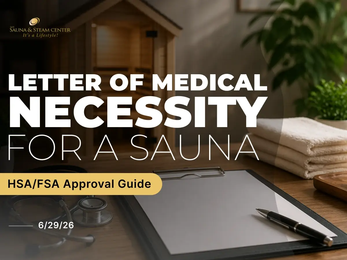 A medical consultation setting with a sauna, stethoscope, and blank document representing a letter of medical necessity for sauna use and possible HSA or FSA eligibility.