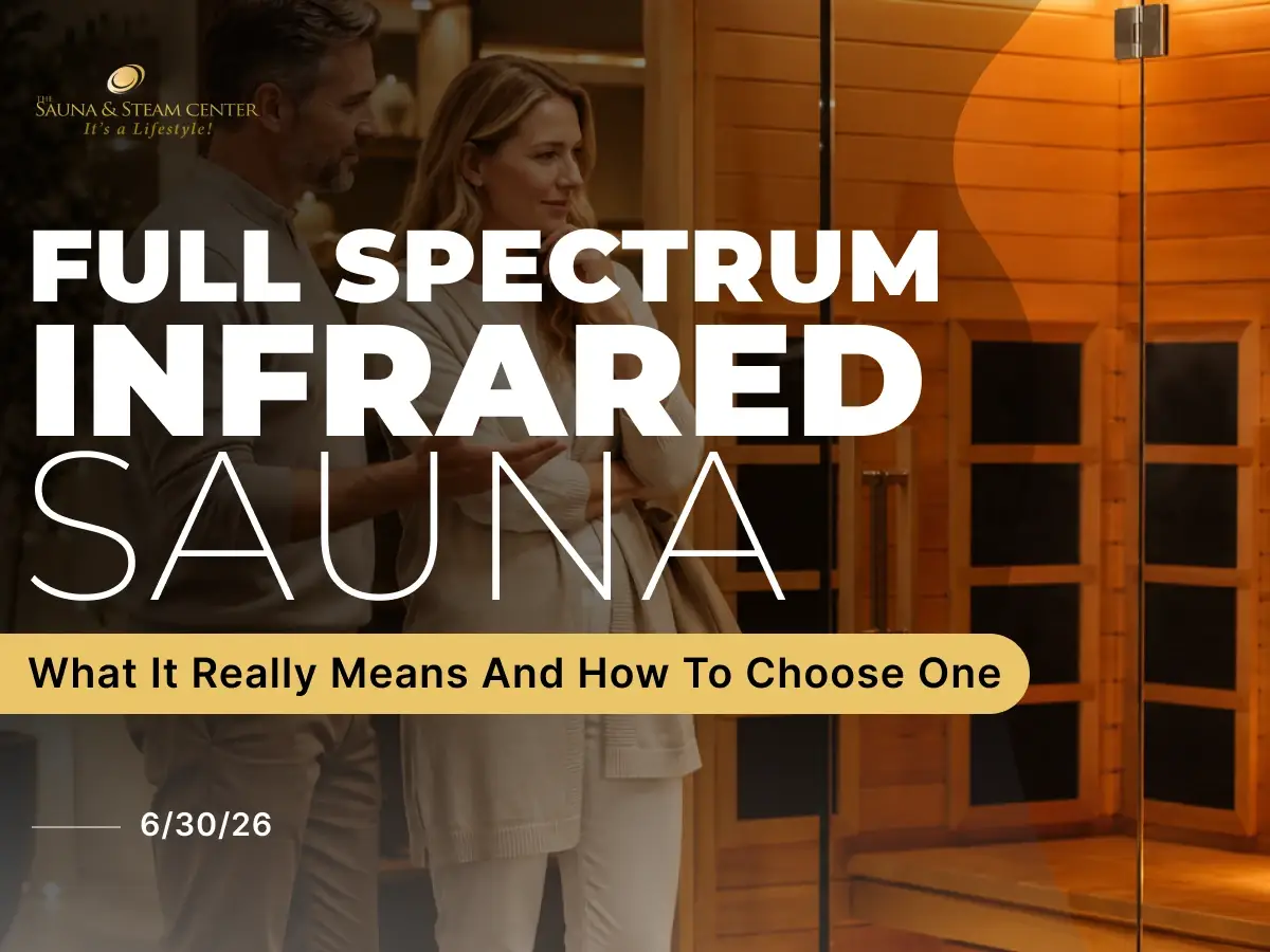 A couple thoughtfully reviews a home sauna in a warm showroom setting, capturing the emotional side of choosing the right sauna for comfort, wellness, and long-term value.
