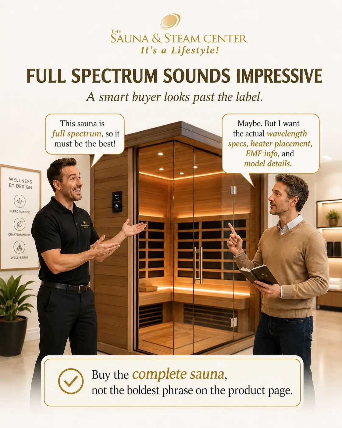 A showroom scene showing a sauna salesperson promoting full spectrum claims while an informed customer asks for real specs, heater placement, EMF information, and model details.