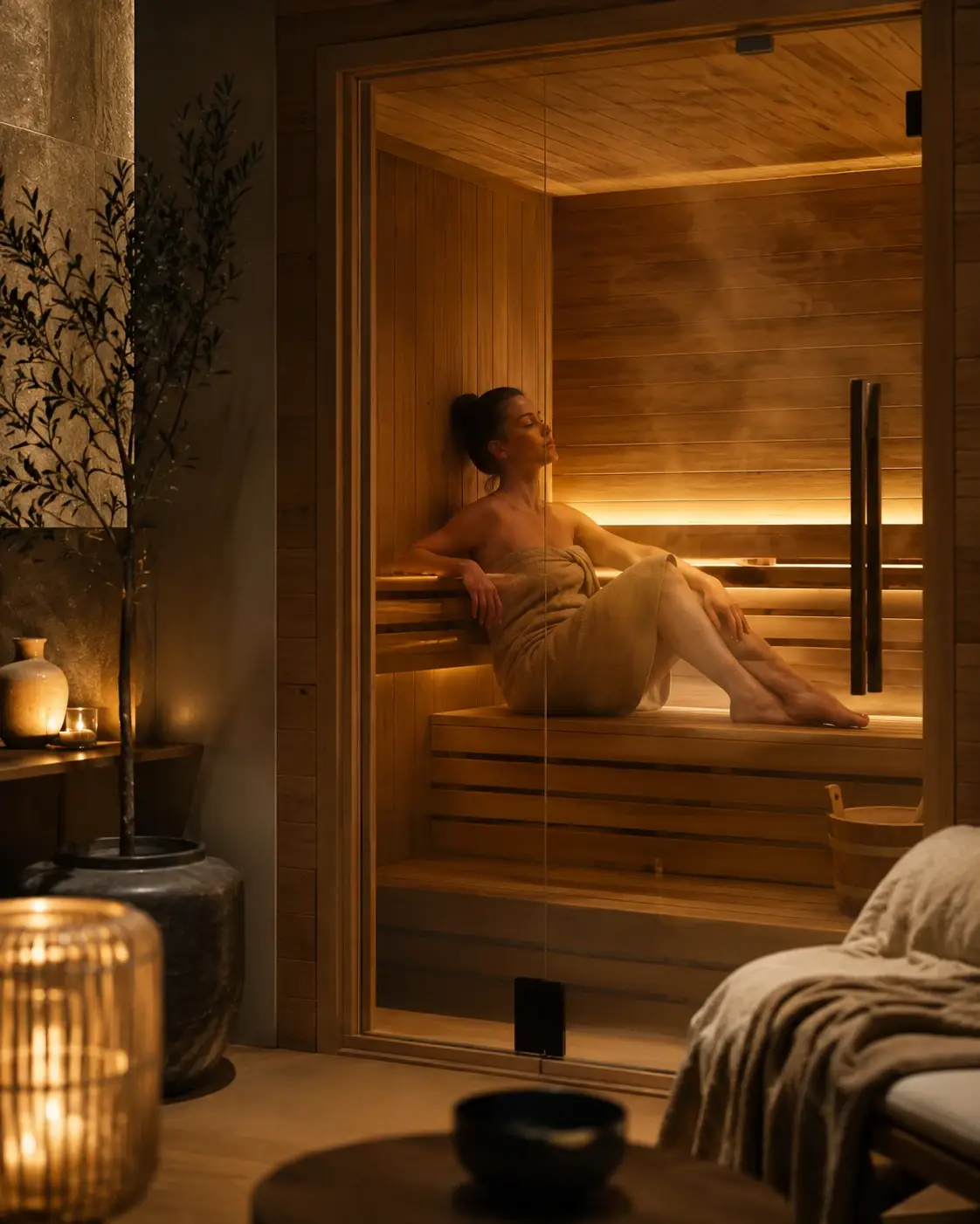A warm and luxurious home sauna scene showing a peaceful wellness moment, perfect for a home sauna buying guide focused on comfort, relaxation, and lifestyle.