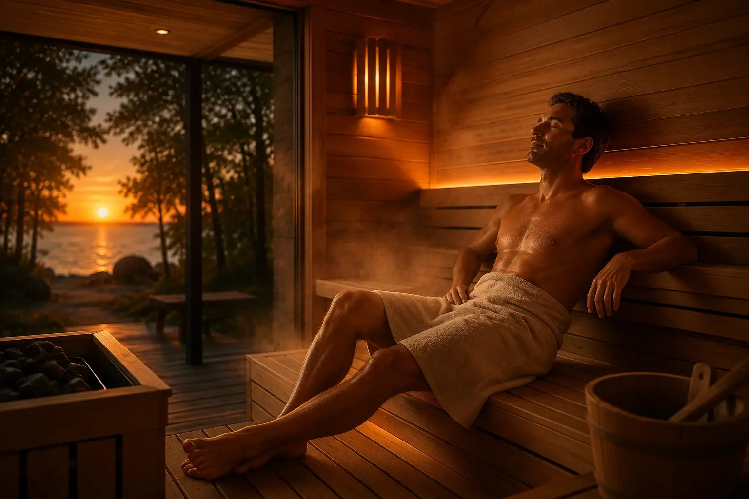 A peaceful home sauna scene featuring a man relaxing in a warm wooden sauna at sunset, capturing comfort, wellness, recovery, and luxury home spa living.