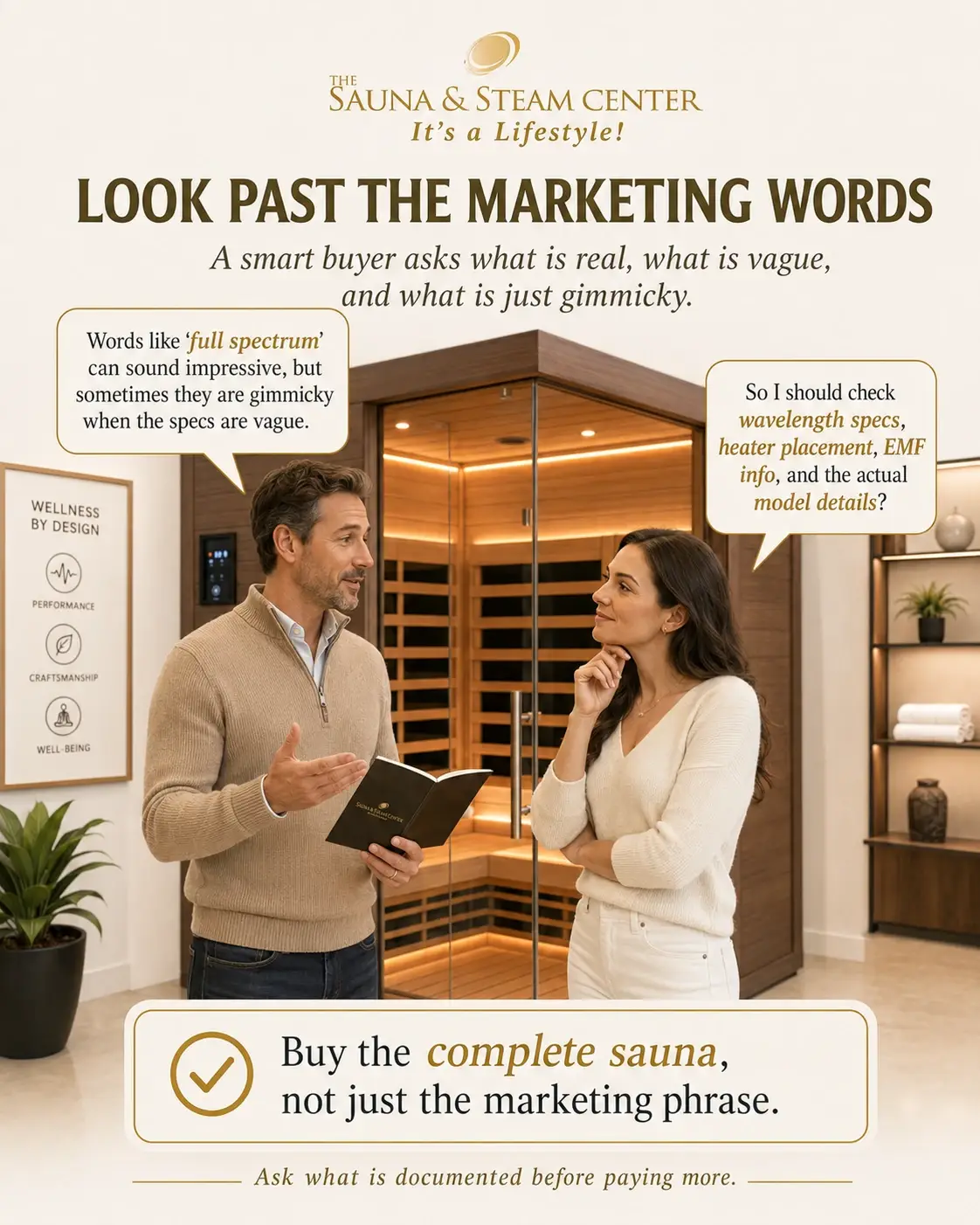 A husband helps his wife look beyond sauna marketing terms like full spectrum and focus on real details such as wavelength specs, heater placement, EMF information, and model features.