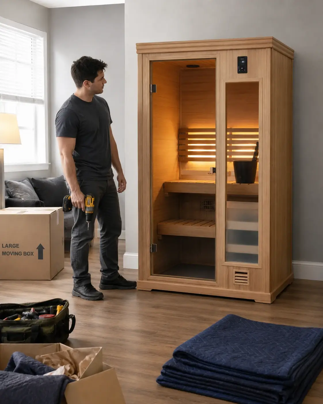 Description: A homeowner prepares to carefully disassemble a fully assembled portable sauna before moving it to a new home.
