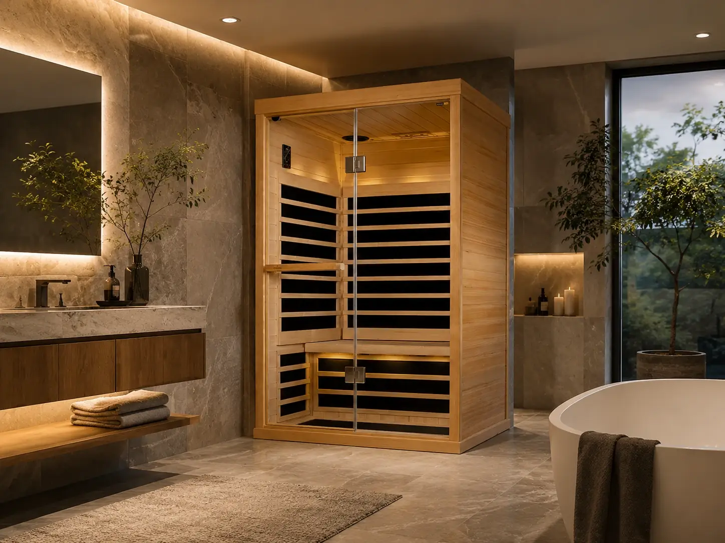 Finnleo S-820 2 person infrared sauna indoor with low-EMF heating, chromotherapy, Bluetooth audio, and a compact home-friendly design.