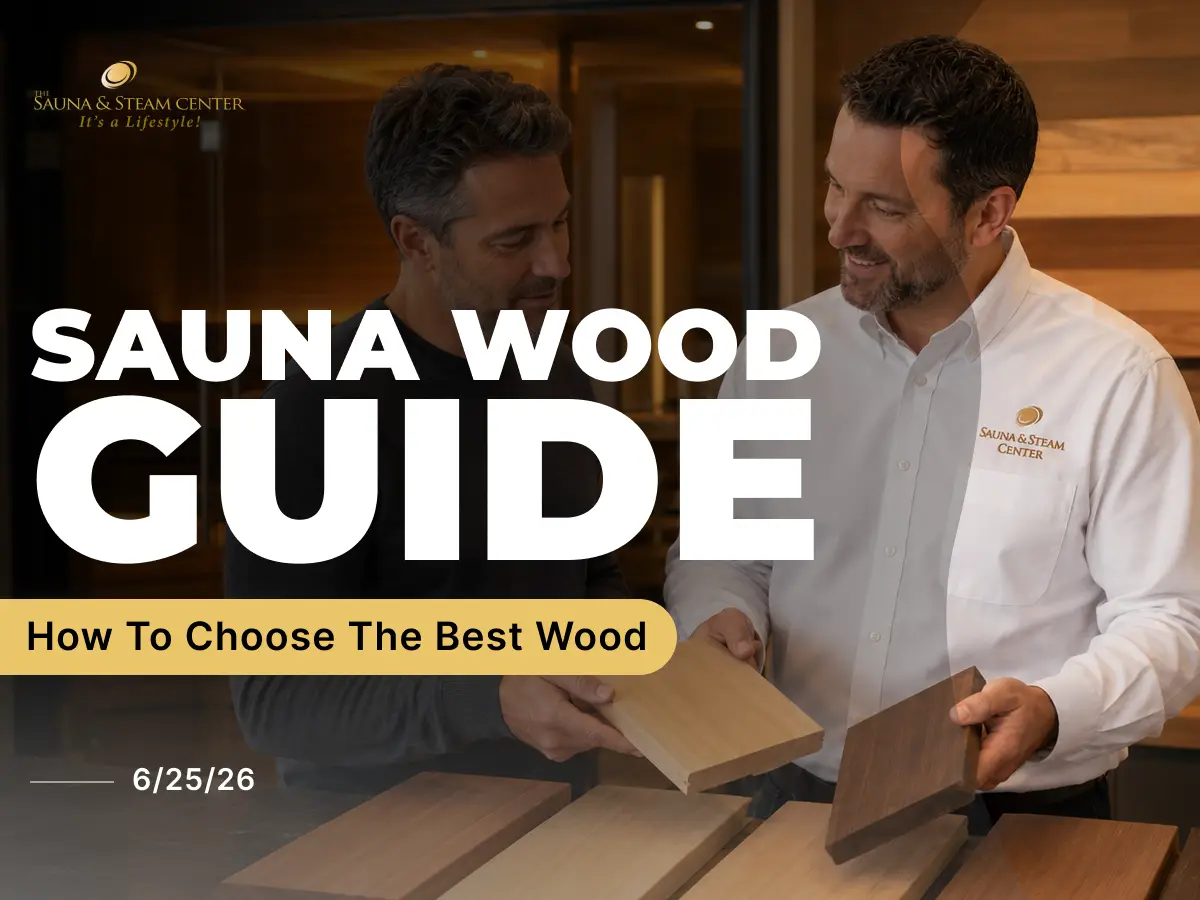 A customer compares cedar, hemlock, spruce, alder, and Thermowood samples with a Sauna & Steam Center specialist while planning the right wood for a custom sauna.
