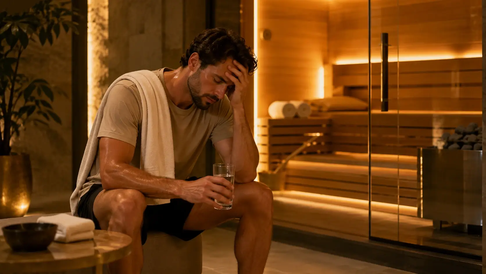 A man resting with water outside a sauna, illustrating why sauna use during a hangover may worsen dehydration, dizziness, and fatigue.