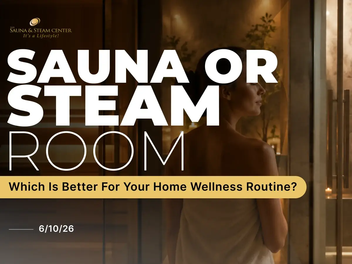 A calming home wellness scene showing a relaxed individual between a warm cedar sauna and a misty steam room, evoking the emotional contrast and comfort of choosing between a sauna or steam room.