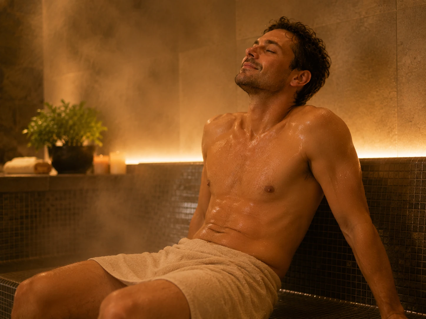 A man relaxing in a steam room for sinus infection comfort, showing warm moist heat, easier breathing, and soothing congestion relief.