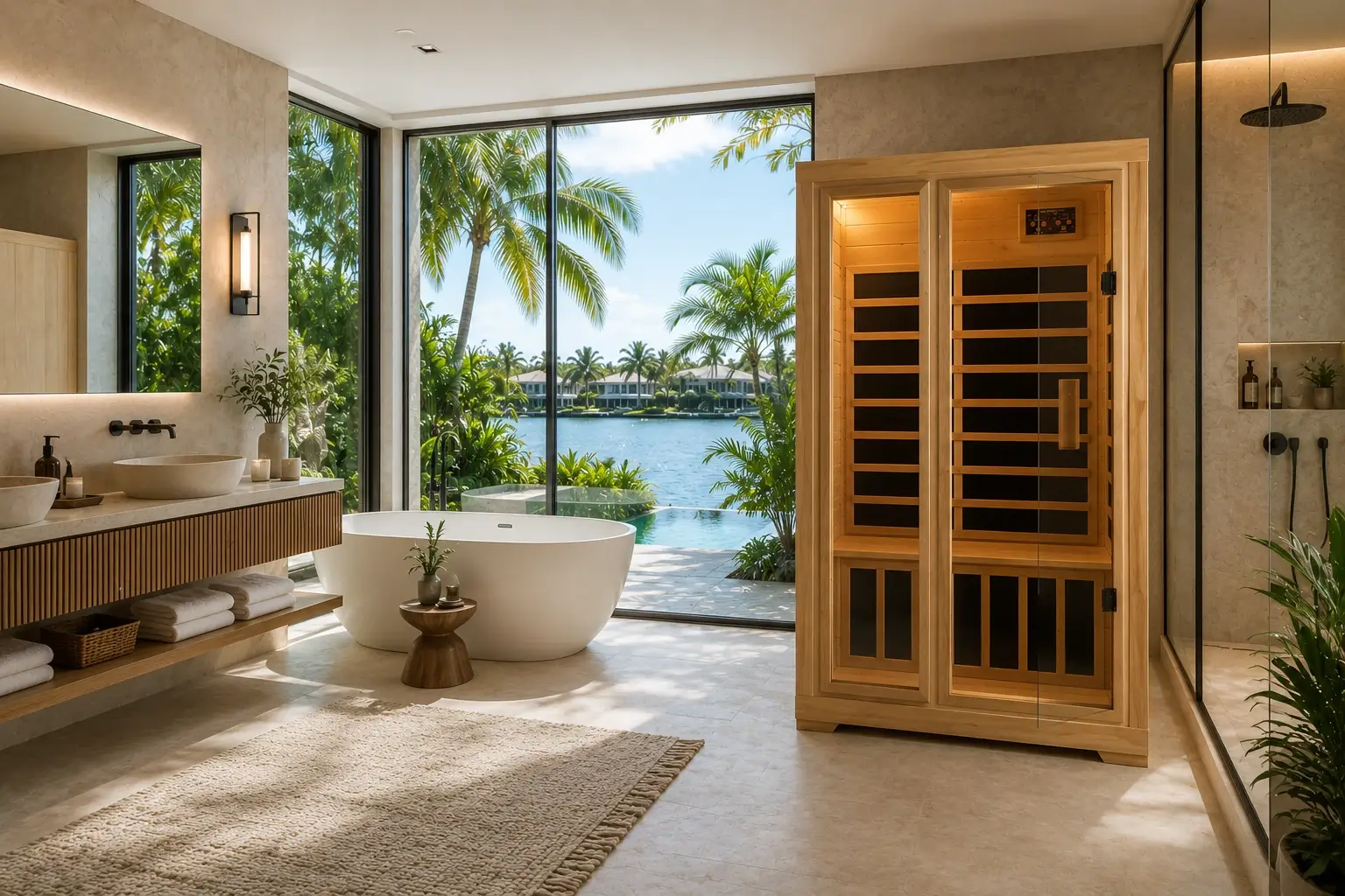Enhanced G920 2 person infrared sauna indoor with Canadian Hemlock construction, 15-amp plug-in power, compact dimensions, and Bluetooth audio.