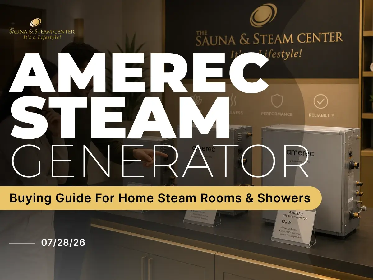 A couple compares Amerec steam generators in a luxury showroom, exploring sizes and features to choose the right model for their next home steam shower.