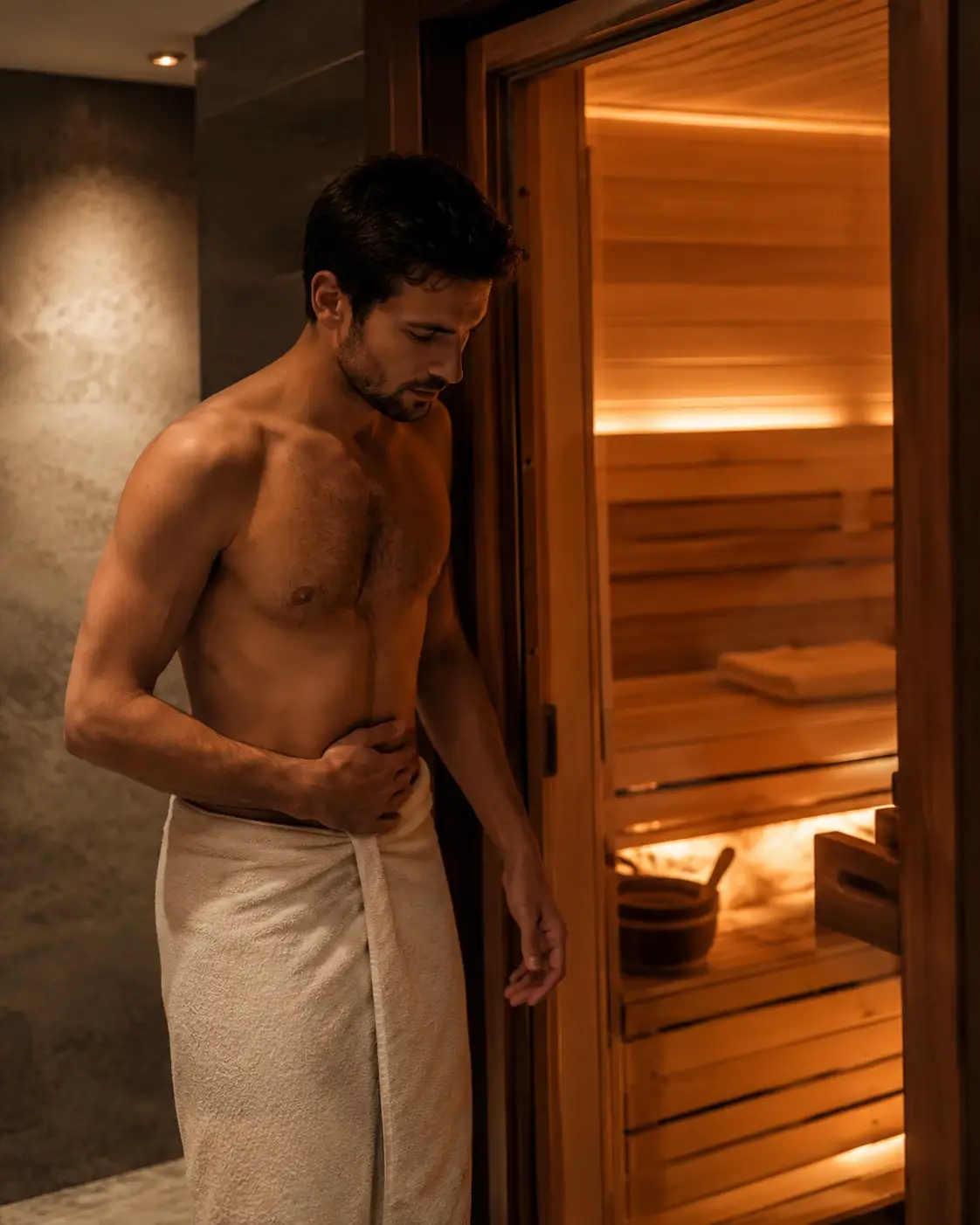 Emotional image of a man entering a warm sauna while fasting, capturing caution, reflection, and the physical tension of combining heat exposure with an empty stomach.