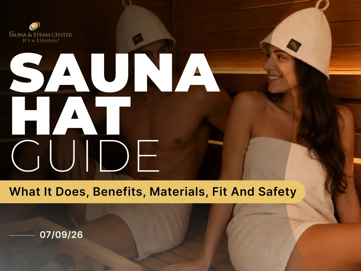 A smiling couple wearing traditional wool sauna hats while relaxing inside a warm wooden sauna, highlighting comfort, proper sauna accessories, and a premium home wellness experience.
