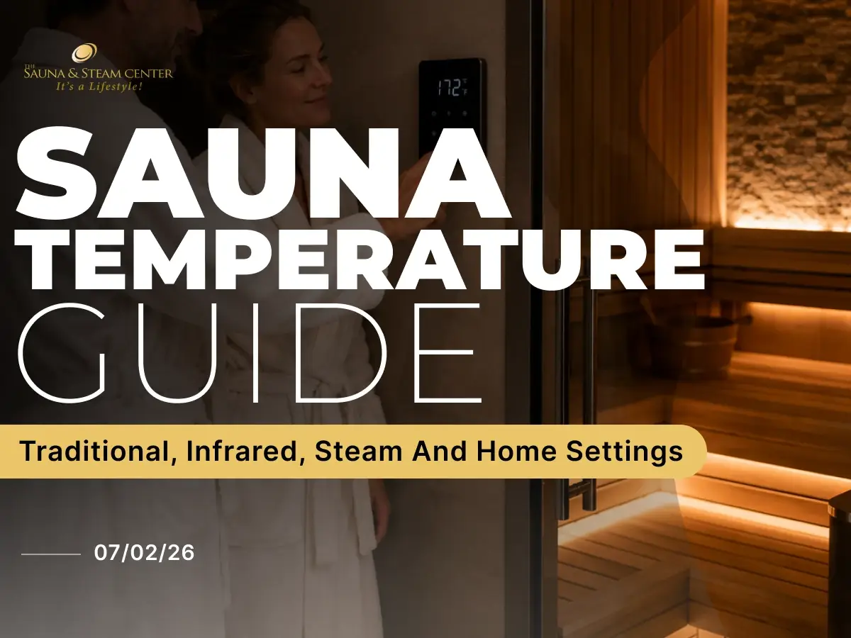 A couple adjusts the digital sauna temperature before entering a modern home sauna, showcasing safe setup and a warm luxury wellness experience.