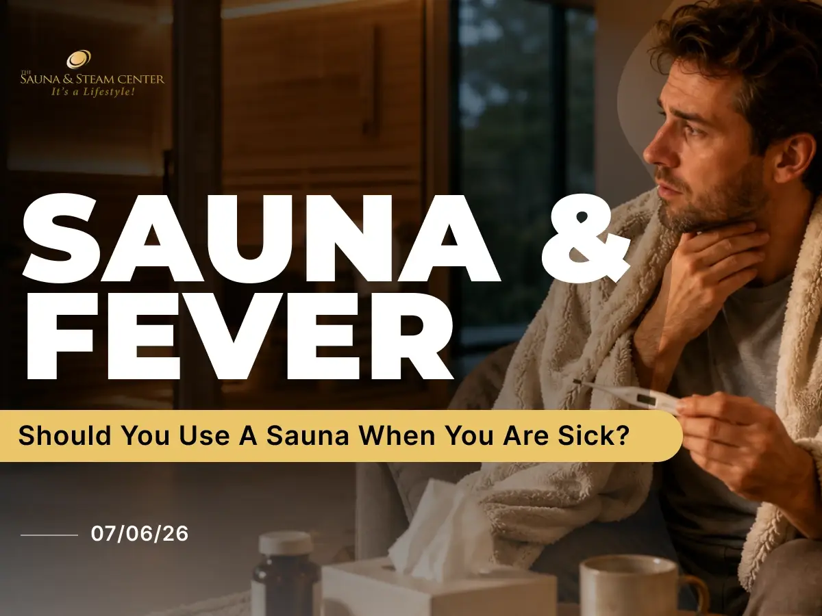A sick man holding a thermometer looks toward a home sauna while considering whether sauna use is safe with a fever.