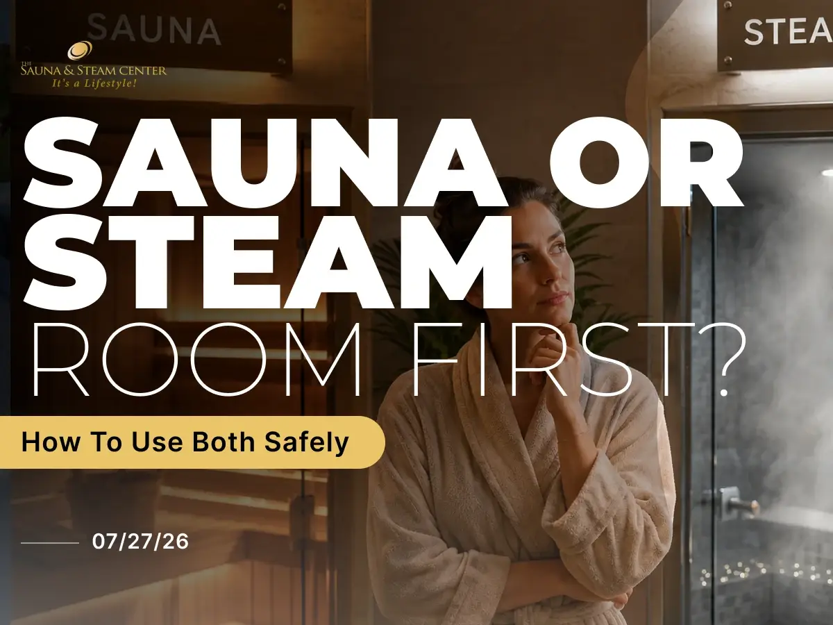 A man stands between a sauna and a steam room, deciding which heat experience to choose first for a safe, relaxing wellness session.