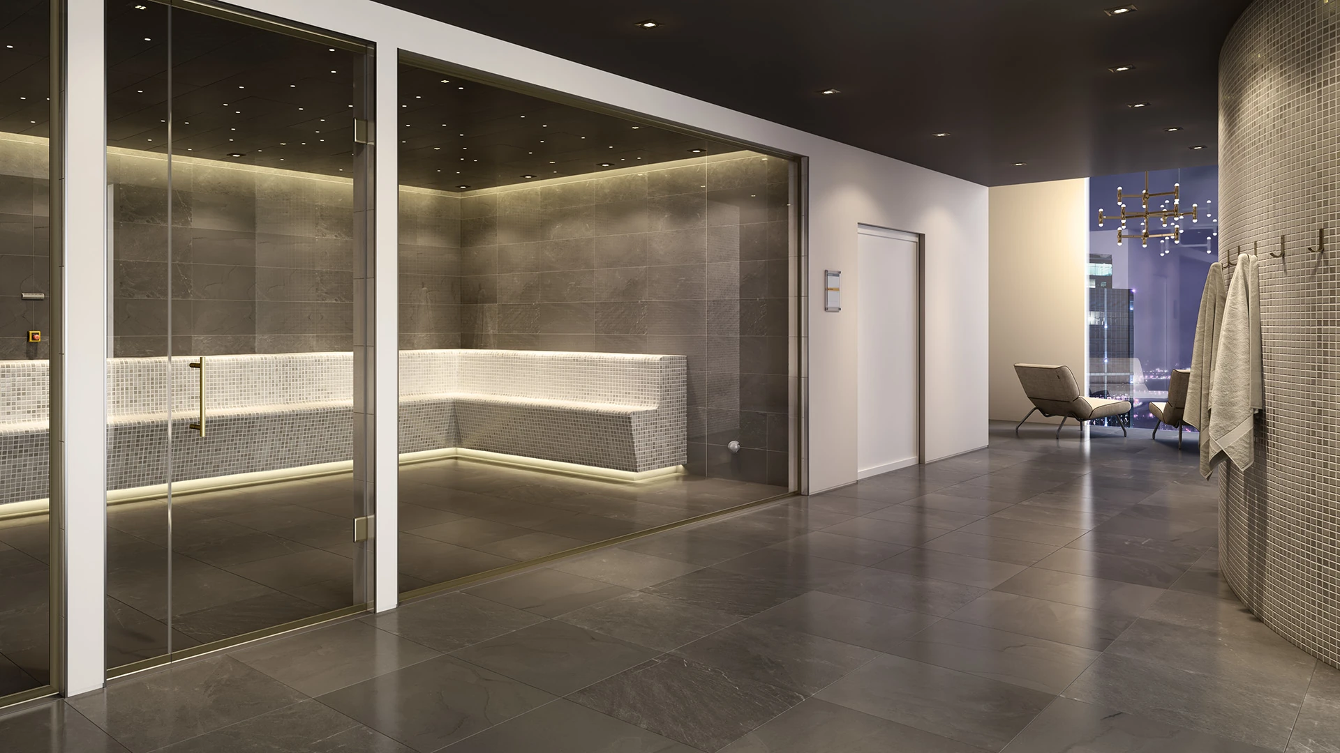 Commercial tiled steam room interior