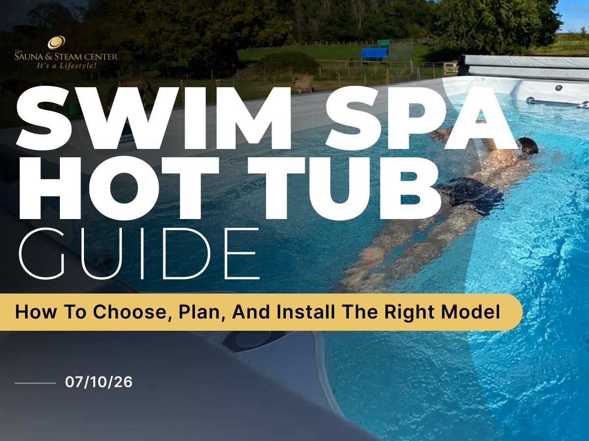 A person swims against the current in an outdoor swim spa hot tub, showcasing at-home aquatic exercise, hydrotherapy, relaxation, and year-round wellness.