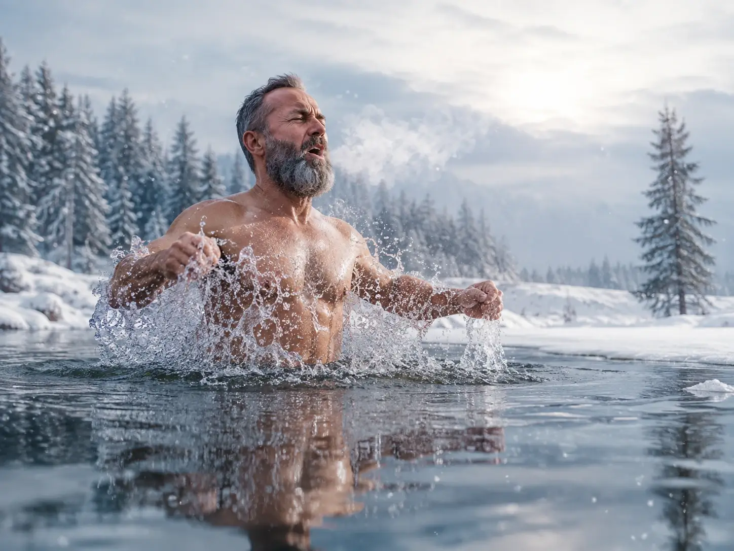 A man takes an icy outdoor cold plunge in a snowy landscape, capturing the intensity, resilience, and recovery-focused appeal of cold water immersion.
