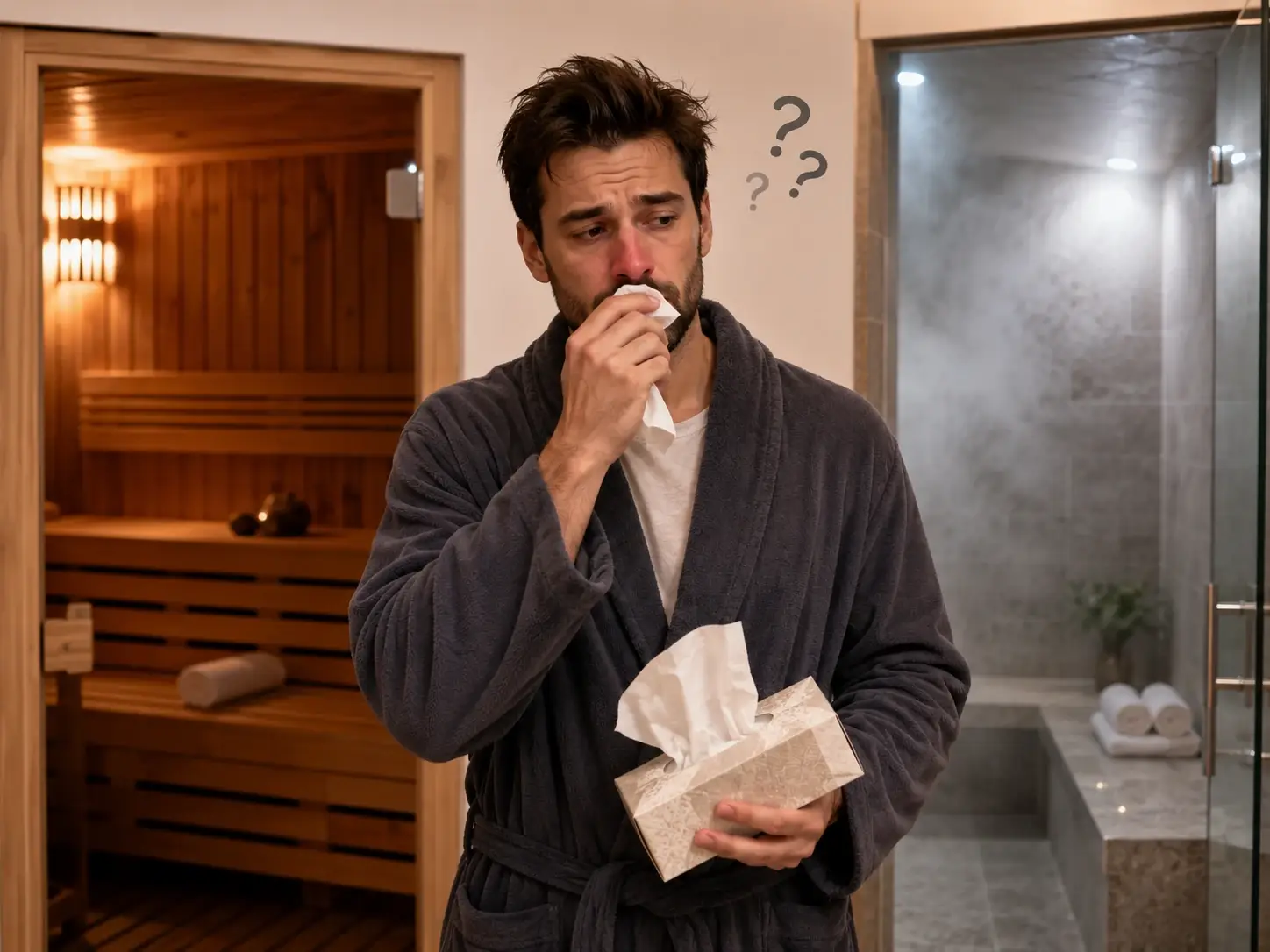 A congested person with flu-like symptoms stands between a sauna and a steam room, trying to decide which option may feel more comfortable for temporary relief.