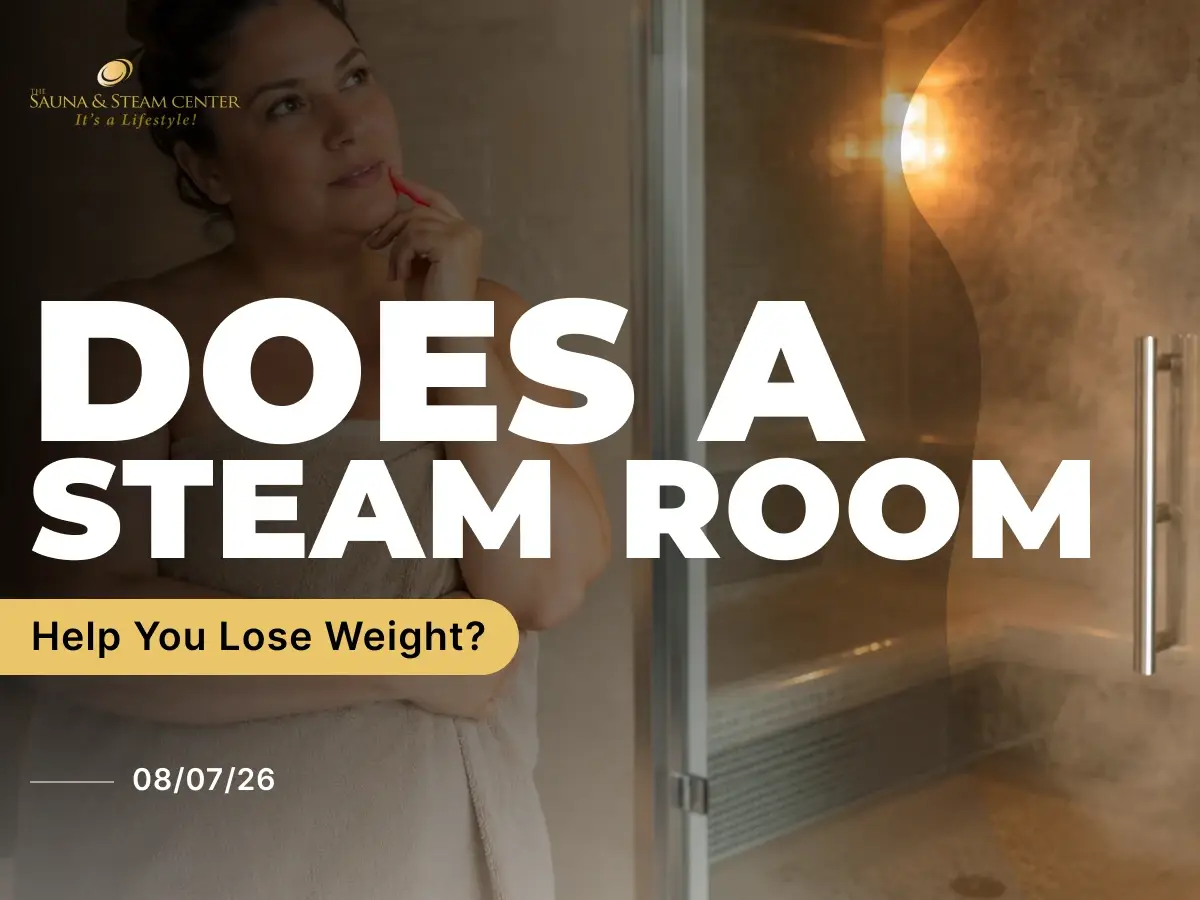 A woman stands beside a modern home steam room, considering steam as part of a relaxing wellness routine while learning the difference between calorie burn, sweating, and water loss.