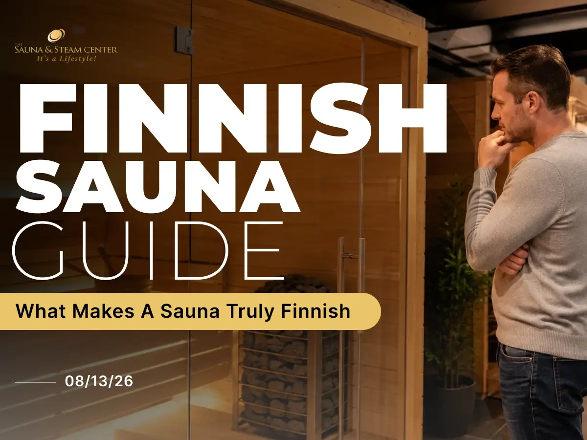 A shopper evaluates an authentic Finnish sauna with traditional stones, quality wood, and a certified heater while comparing the right sauna to buy for a home wellness space.