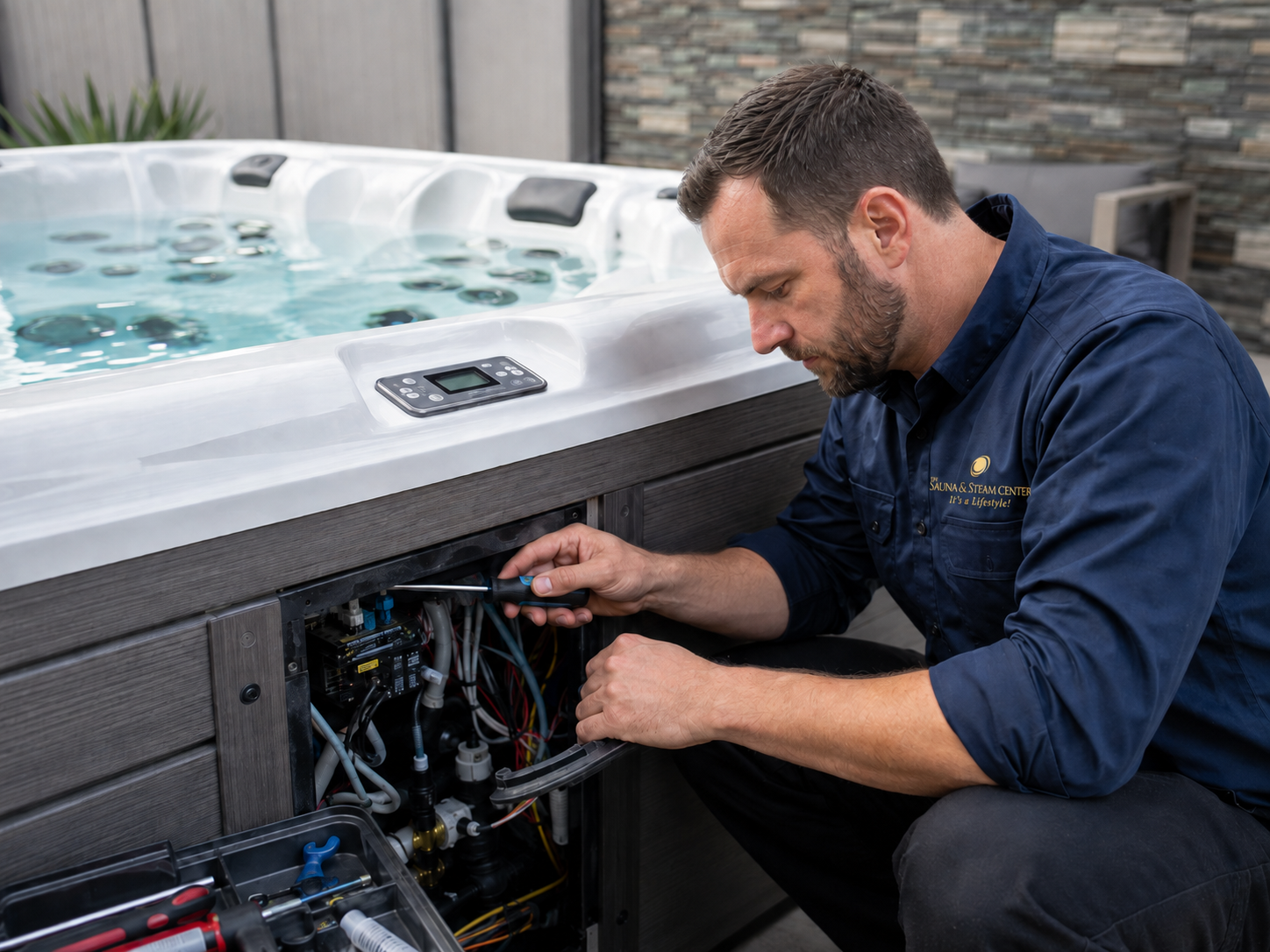 Hot tub technician performing preventive maintenance and equipment inspection